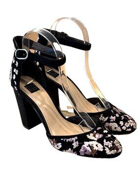 White House Black Market Embroidered Suede Chunky Heels Boho Floral Size 9